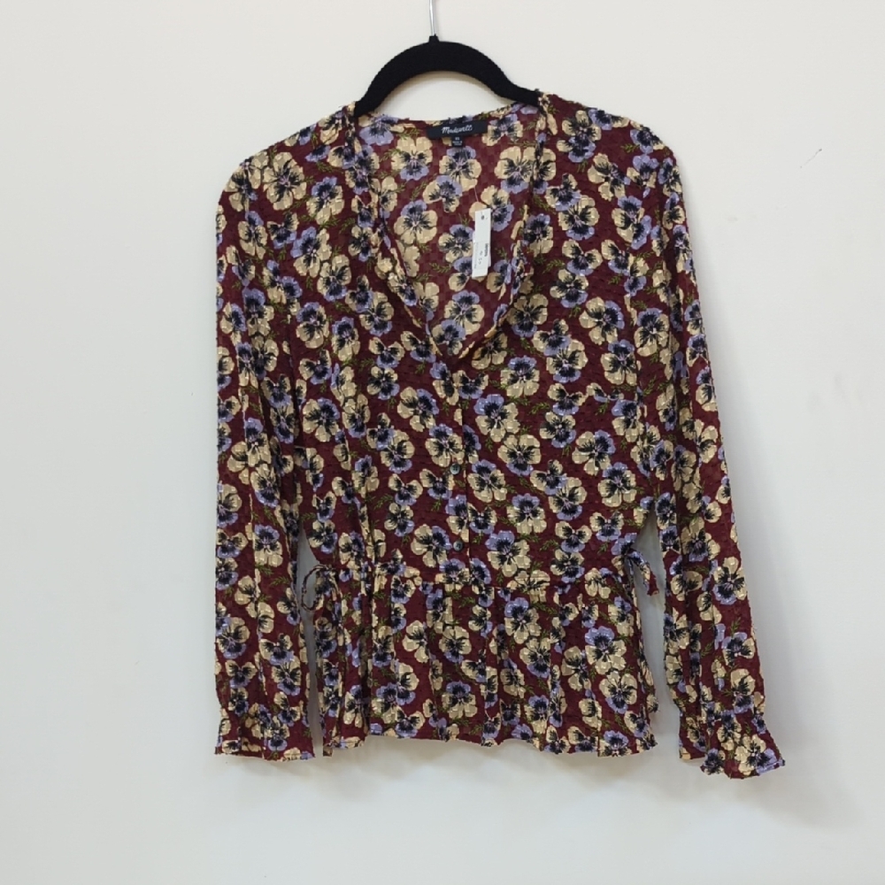 Madewell Red and Blue Ruffled Wrap Blouse